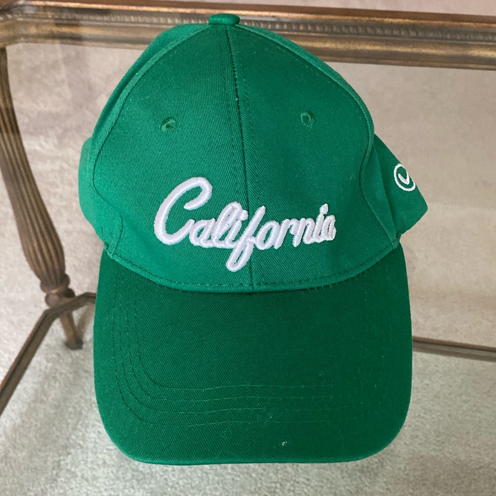 California stitched baseball hat in green & white with adjustable size